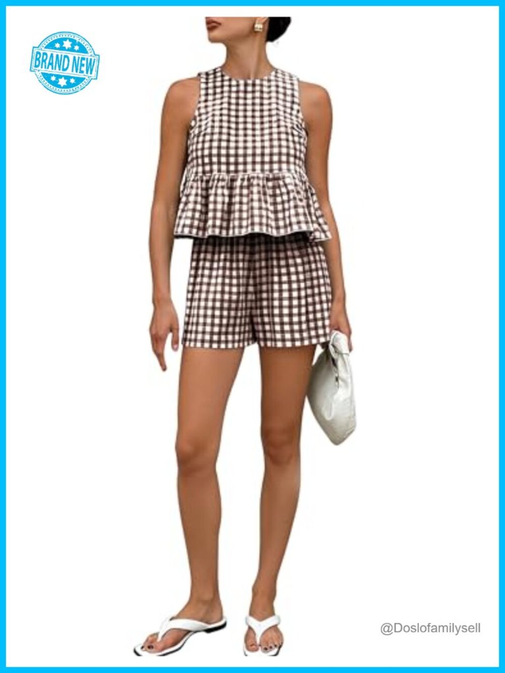 Womens Two Piece Gingham Short Set Sleeveless Peplum Top Lounge Set